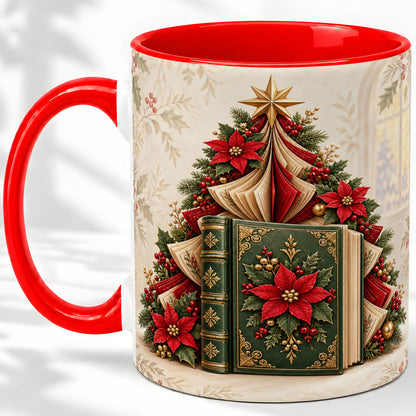 Christmas Book Tree Accent Ceramic Mug, Poinsettia Artwork