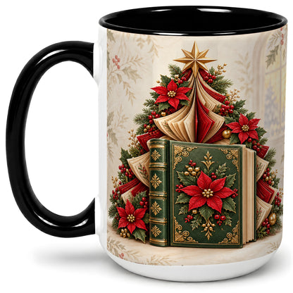 #pl[15oz|Black] Christmas Book Tree Accent Ceramic Mug, Poinsettia Artwork