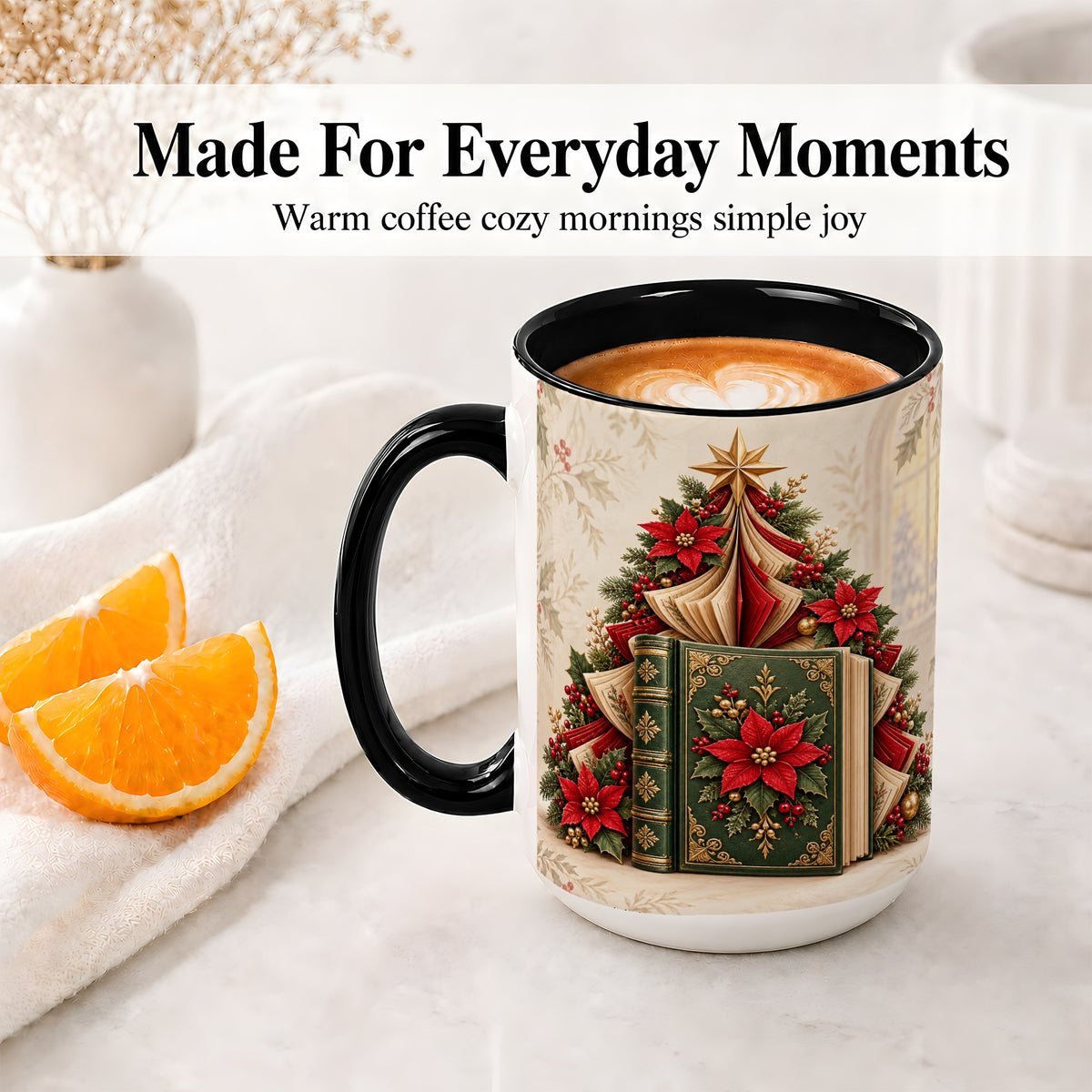 #pl[15oz|Black] Christmas Book Tree Accent Ceramic Mug, Poinsettia Artwork