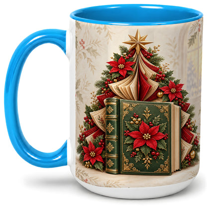 #pl[15oz|Blue] Christmas Book Tree Accent Ceramic Mug, Poinsettia Artwork
