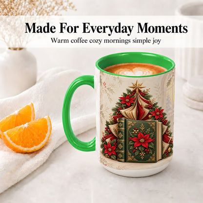 #pl[15oz|Green] Christmas Book Tree Accent Ceramic Mug, Poinsettia Artwork