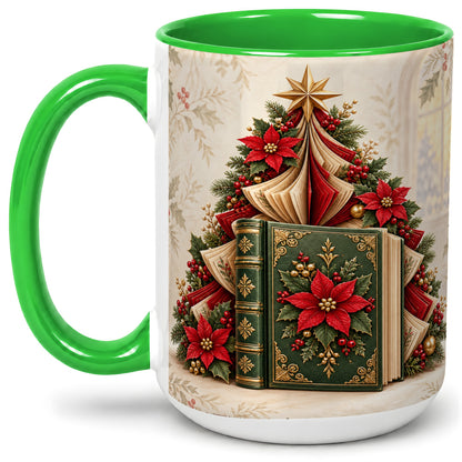 #pl[15oz|Green] Christmas Book Tree Accent Ceramic Mug, Poinsettia Artwork