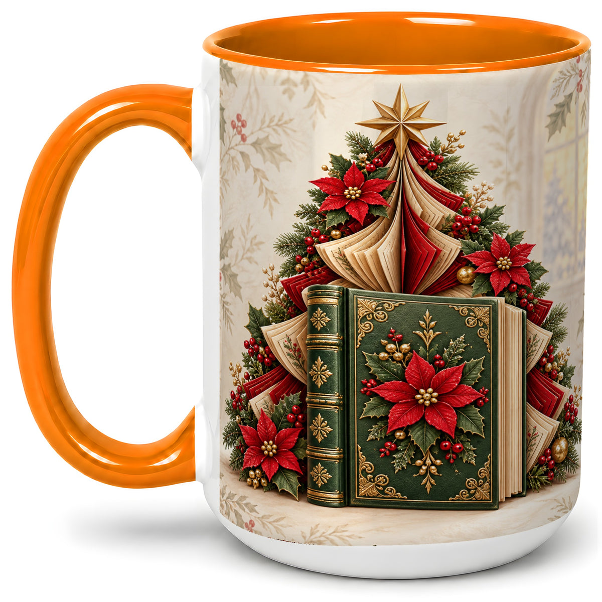 #pl[15oz|Orange] Christmas Book Tree Accent Ceramic Mug, Poinsettia Artwork