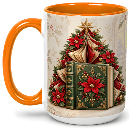 #pl[15oz|Orange] Christmas Book Tree Accent Ceramic Mug, Poinsettia Artwork