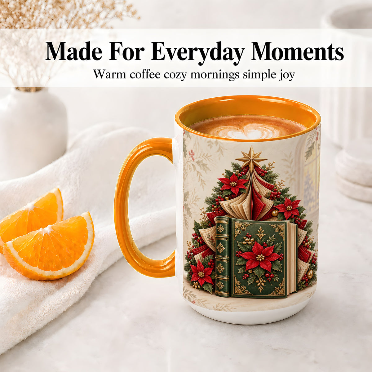 #pl[15oz|Orange] Christmas Book Tree Accent Ceramic Mug, Poinsettia Artwork