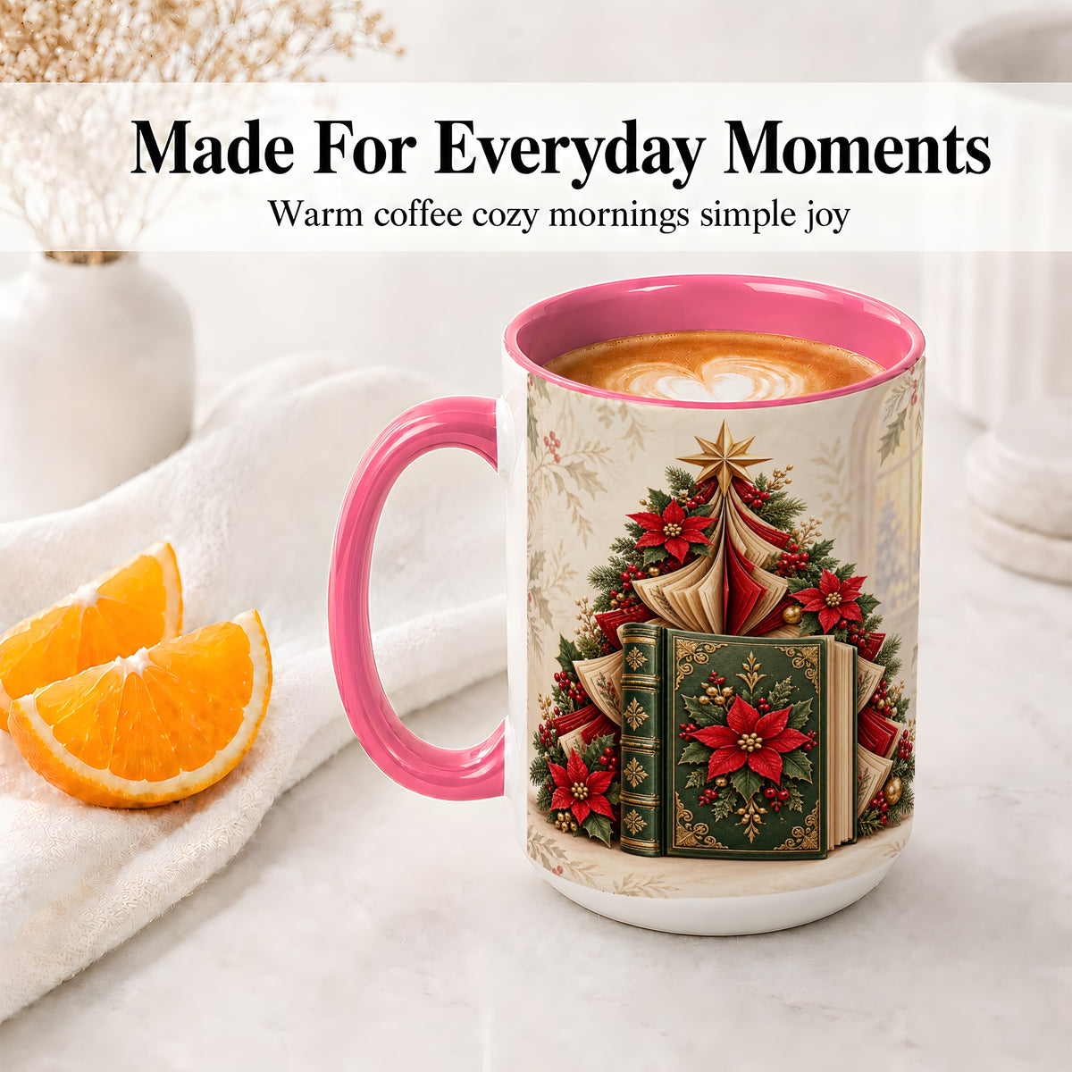 #pl[15oz|Pink] Christmas Book Tree Accent Ceramic Mug, Poinsettia Artwork