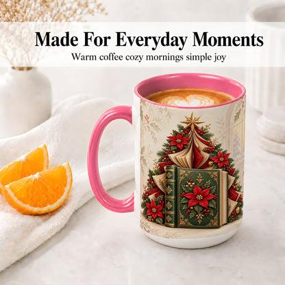 #pl[15oz|Pink] Christmas Book Tree Accent Ceramic Mug, Poinsettia Artwork