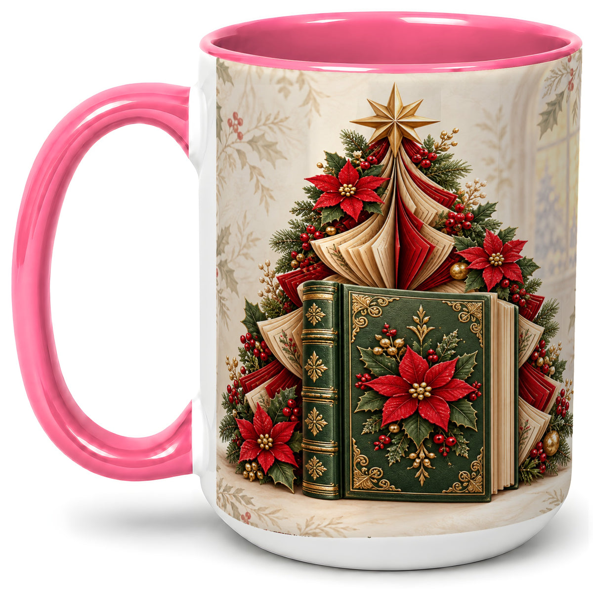 #pl[15oz|Pink] Christmas Book Tree Accent Ceramic Mug, Poinsettia Artwork