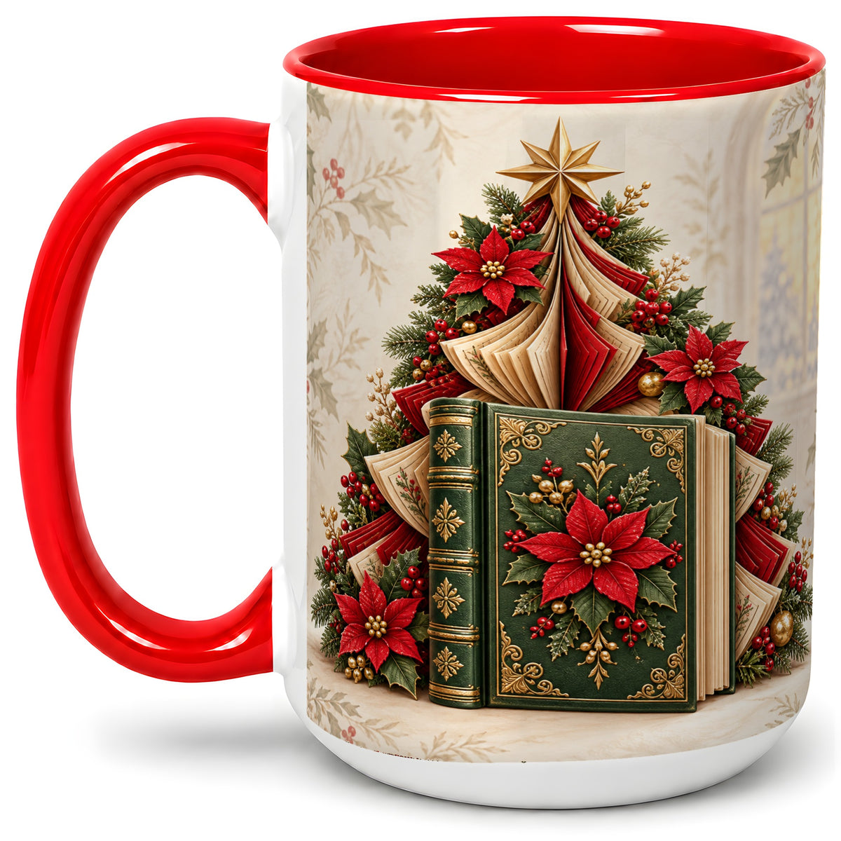#pl[15oz|Red] Christmas Book Tree Accent Ceramic Mug, Poinsettia Artwork