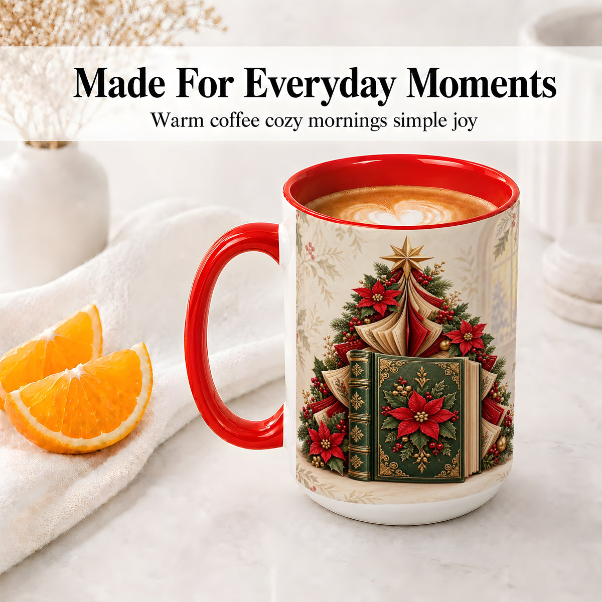 #pl[15oz|Red] Christmas Book Tree Accent Ceramic Mug, Poinsettia Artwork