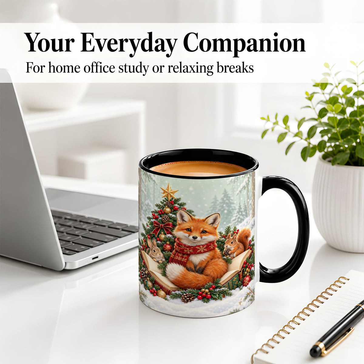 #pl[11oz|Black] Christmas Fox Accent Ceramic Mug, Woodland Book Scene