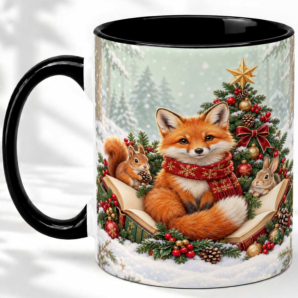 #pl[11oz|Black] Christmas Fox Accent Ceramic Mug, Woodland Book Scene