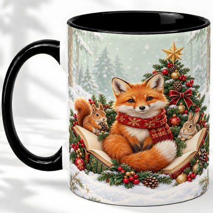 #pl[11oz|Black] Christmas Fox Accent Ceramic Mug, Woodland Book Scene