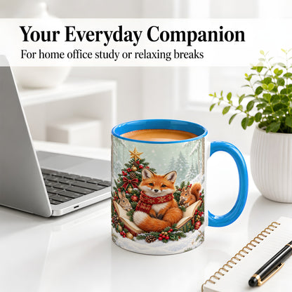 #pl[11oz|Blue] Christmas Fox Accent Ceramic Mug, Woodland Book Scene