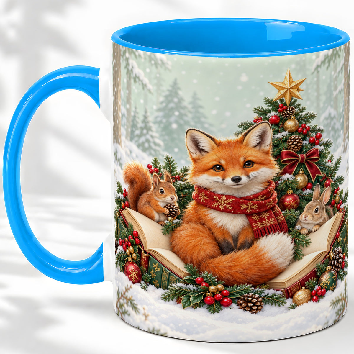 #pl[11oz|Blue] Christmas Fox Accent Ceramic Mug, Woodland Book Scene