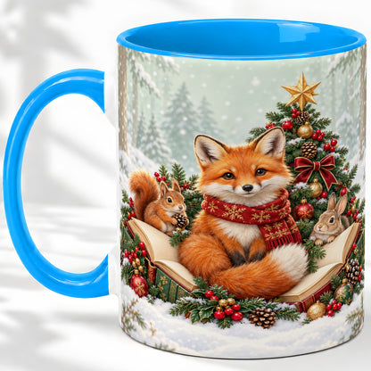 #pl[11oz|Blue] Christmas Fox Accent Ceramic Mug, Woodland Book Scene
