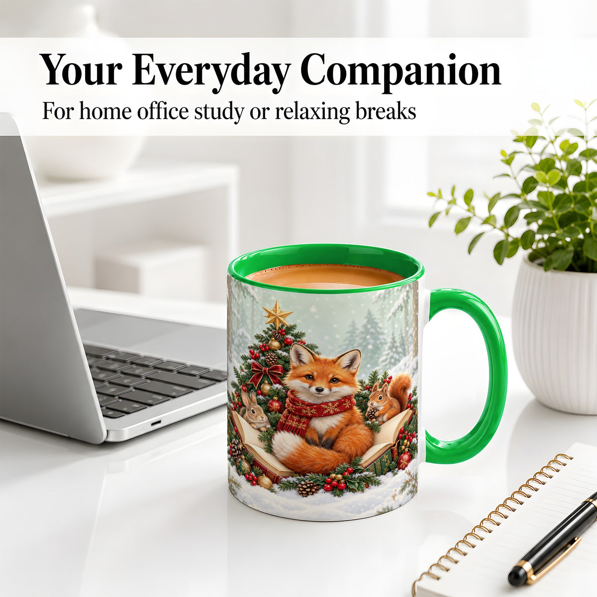 #pl[11oz|Green] Christmas Fox Accent Ceramic Mug, Woodland Book Scene