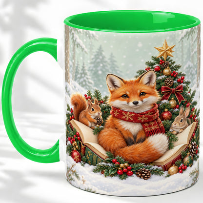 #pl[11oz|Green] Christmas Fox Accent Ceramic Mug, Woodland Book Scene