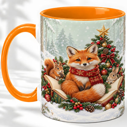 #pl[11oz|Orange] Christmas Fox Accent Ceramic Mug, Woodland Book Scene
