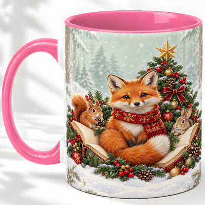 #pl[11oz|Pink] Christmas Fox Accent Ceramic Mug, Woodland Book Scene