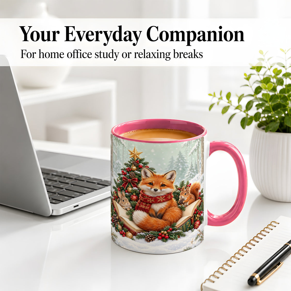 #pl[11oz|Pink] Christmas Fox Accent Ceramic Mug, Woodland Book Scene