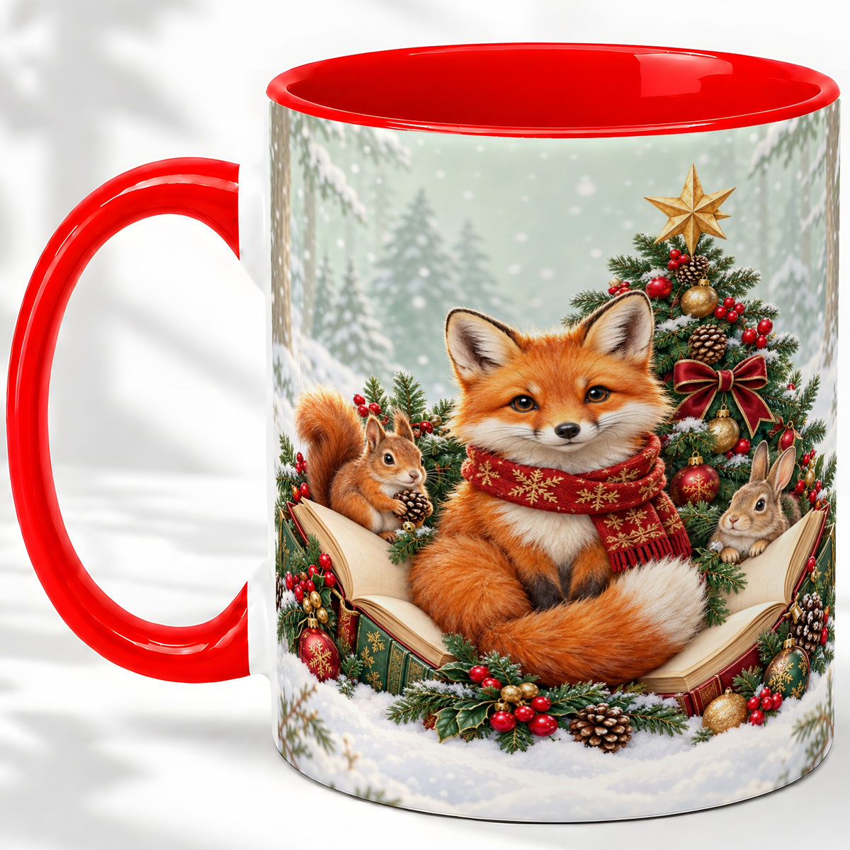 Christmas Fox Accent Ceramic Mug, Woodland Book Scene