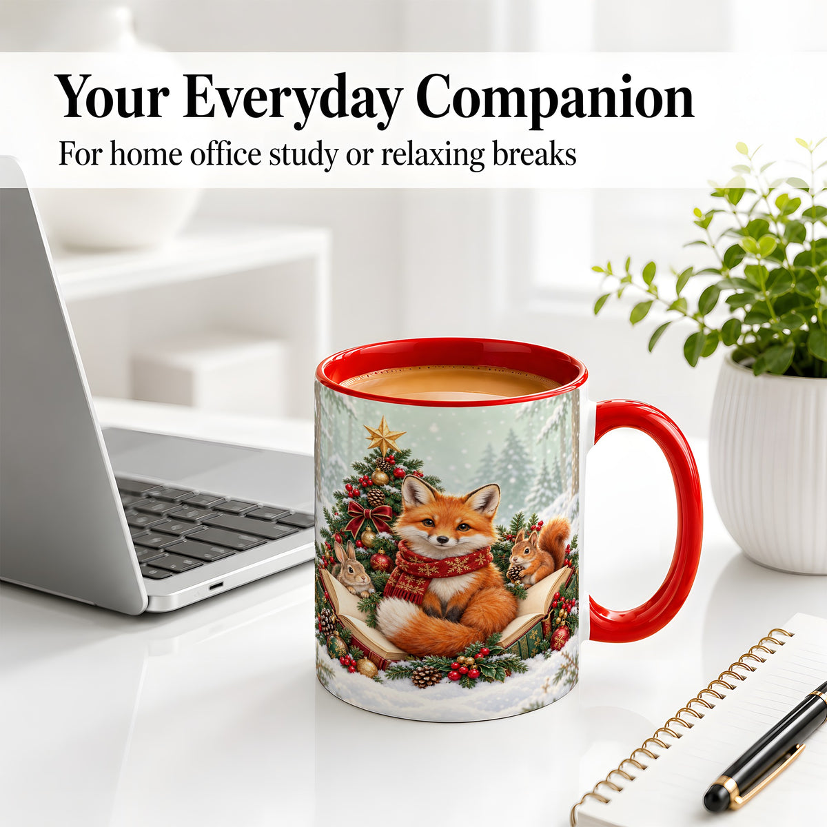 #pl[11oz|Red] Christmas Fox Accent Ceramic Mug, Woodland Book Scene