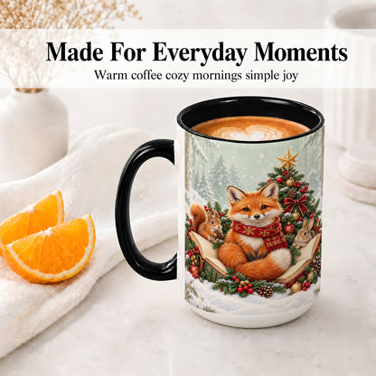 #pl[15oz|Black] Christmas Fox Accent Ceramic Mug, Woodland Book Scene