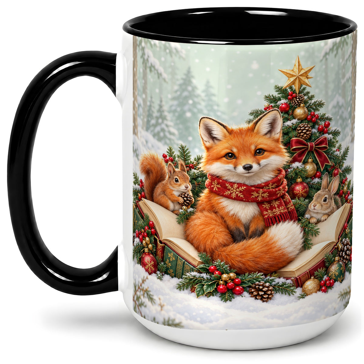 #pl[15oz|Black] Christmas Fox Accent Ceramic Mug, Woodland Book Scene