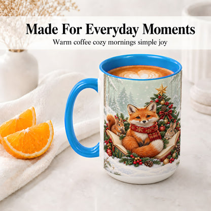 #pl[15oz|Blue] Christmas Fox Accent Ceramic Mug, Woodland Book Scene
