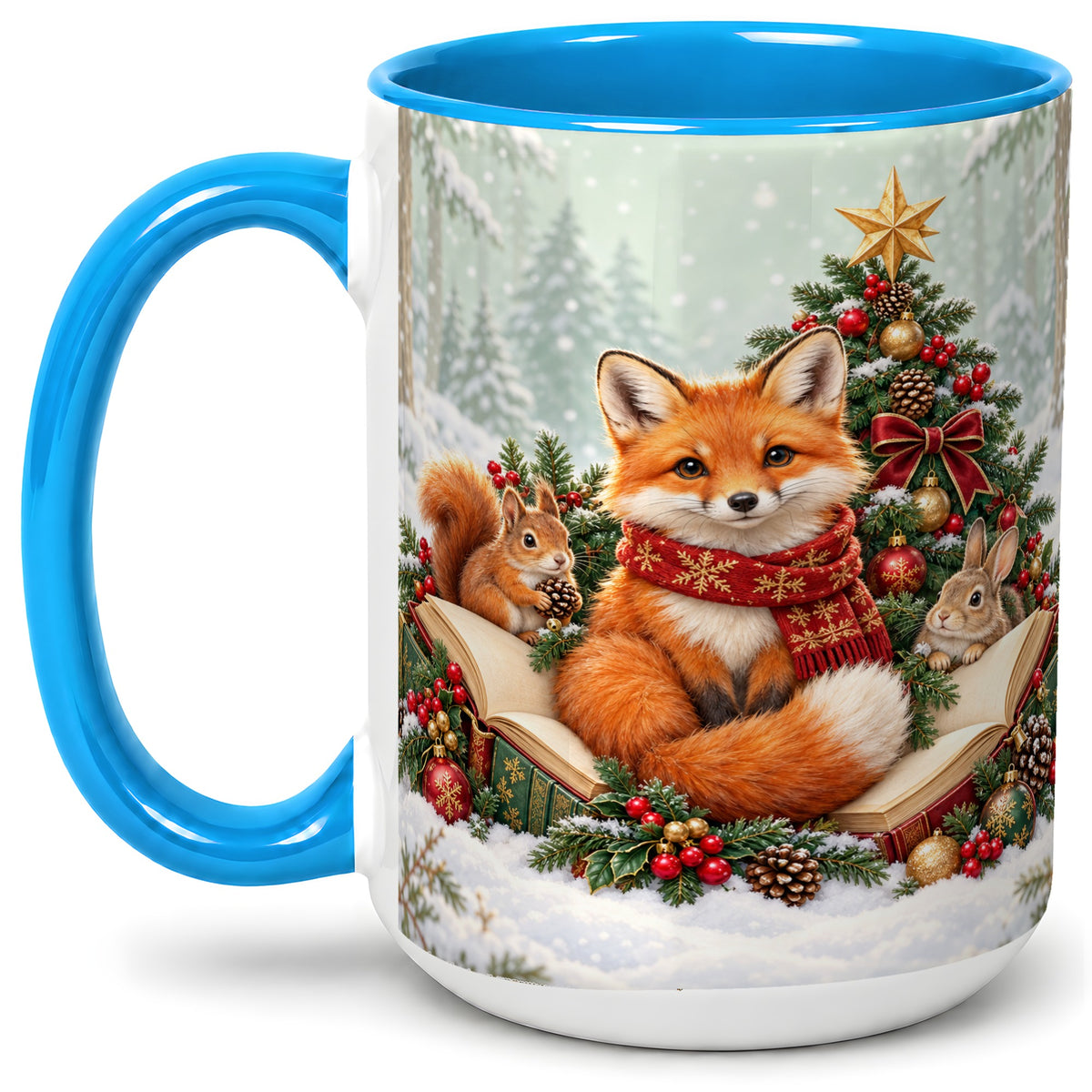 #pl[15oz|Blue] Christmas Fox Accent Ceramic Mug, Woodland Book Scene