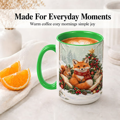 #pl[15oz|Green] Christmas Fox Accent Ceramic Mug, Woodland Book Scene