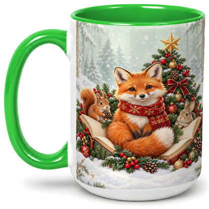 #pl[15oz|Green] Christmas Fox Accent Ceramic Mug, Woodland Book Scene