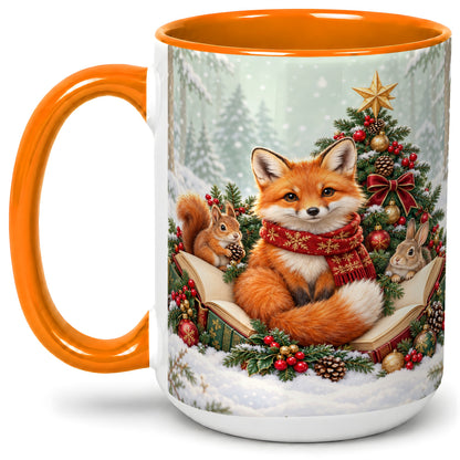 #pl[15oz|Orange] Christmas Fox Accent Ceramic Mug, Woodland Book Scene
