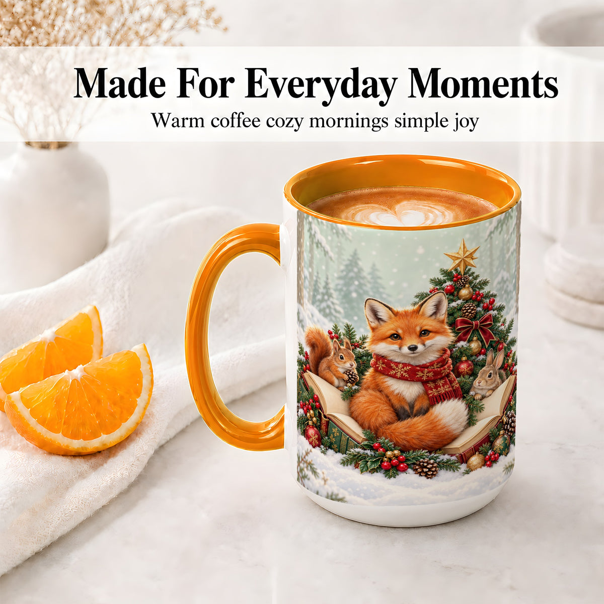 #pl[15oz|Orange] Christmas Fox Accent Ceramic Mug, Woodland Book Scene
