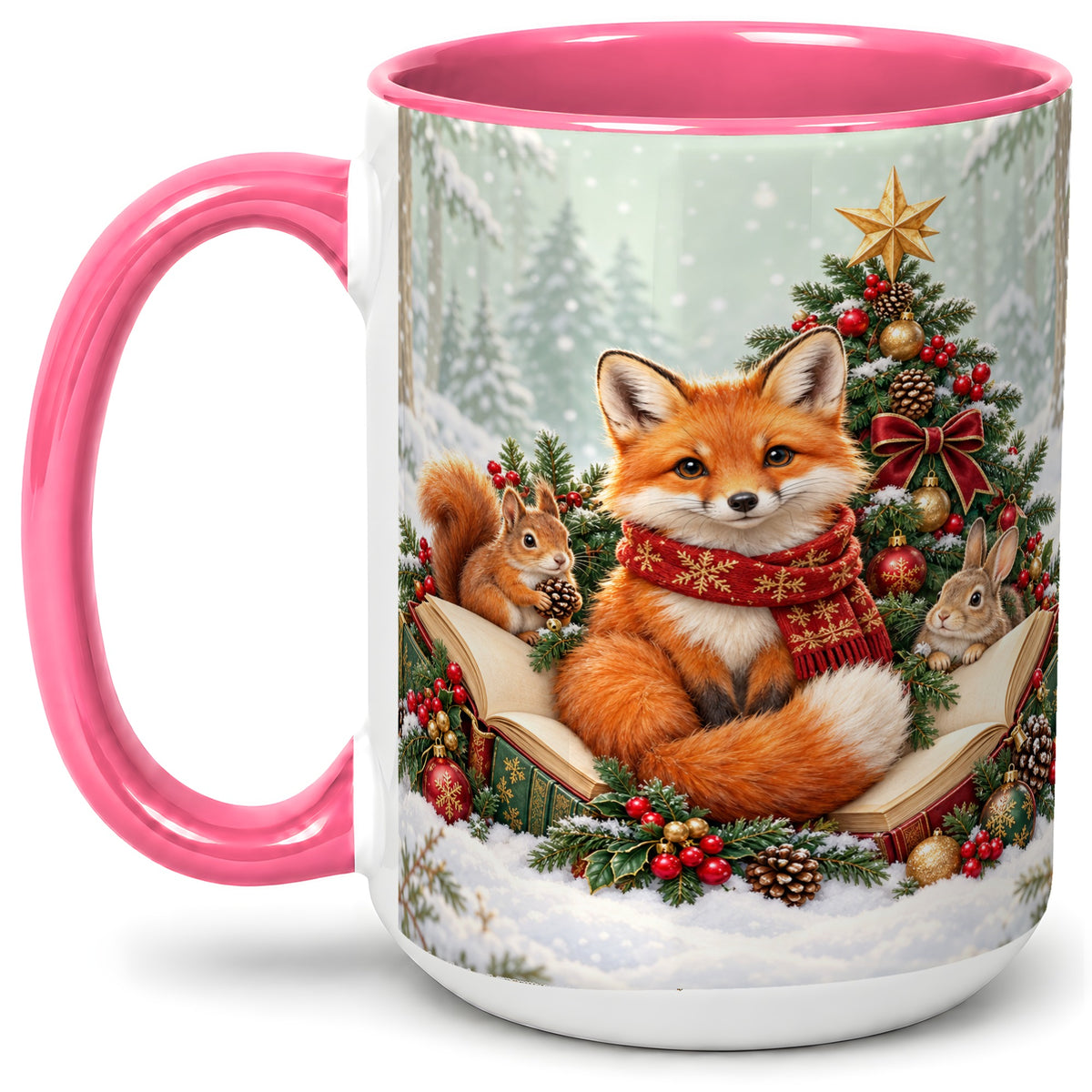 #pl[15oz|Pink] Christmas Fox Accent Ceramic Mug, Woodland Book Scene