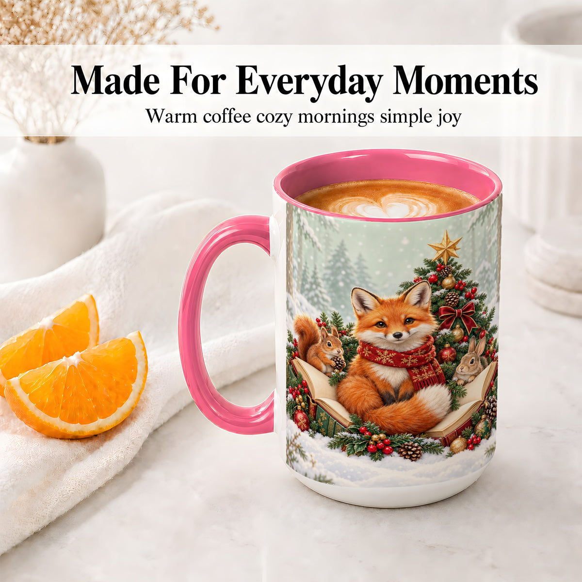 #pl[15oz|Pink] Christmas Fox Accent Ceramic Mug, Woodland Book Scene