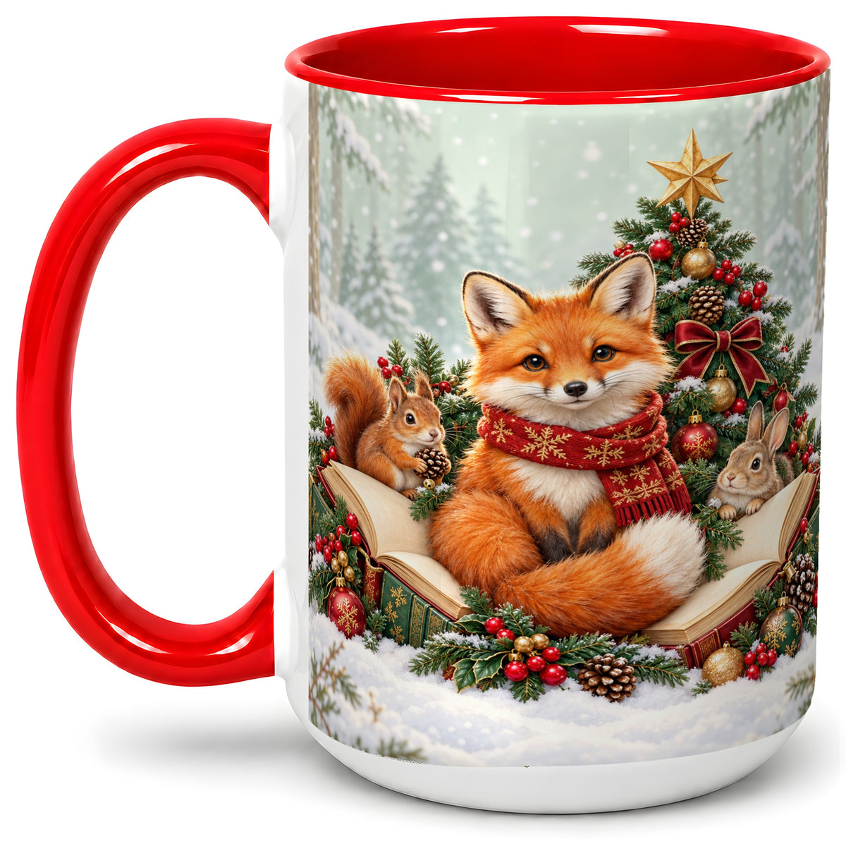 #pl[15oz|Red] Christmas Fox Accent Ceramic Mug, Woodland Book Scene