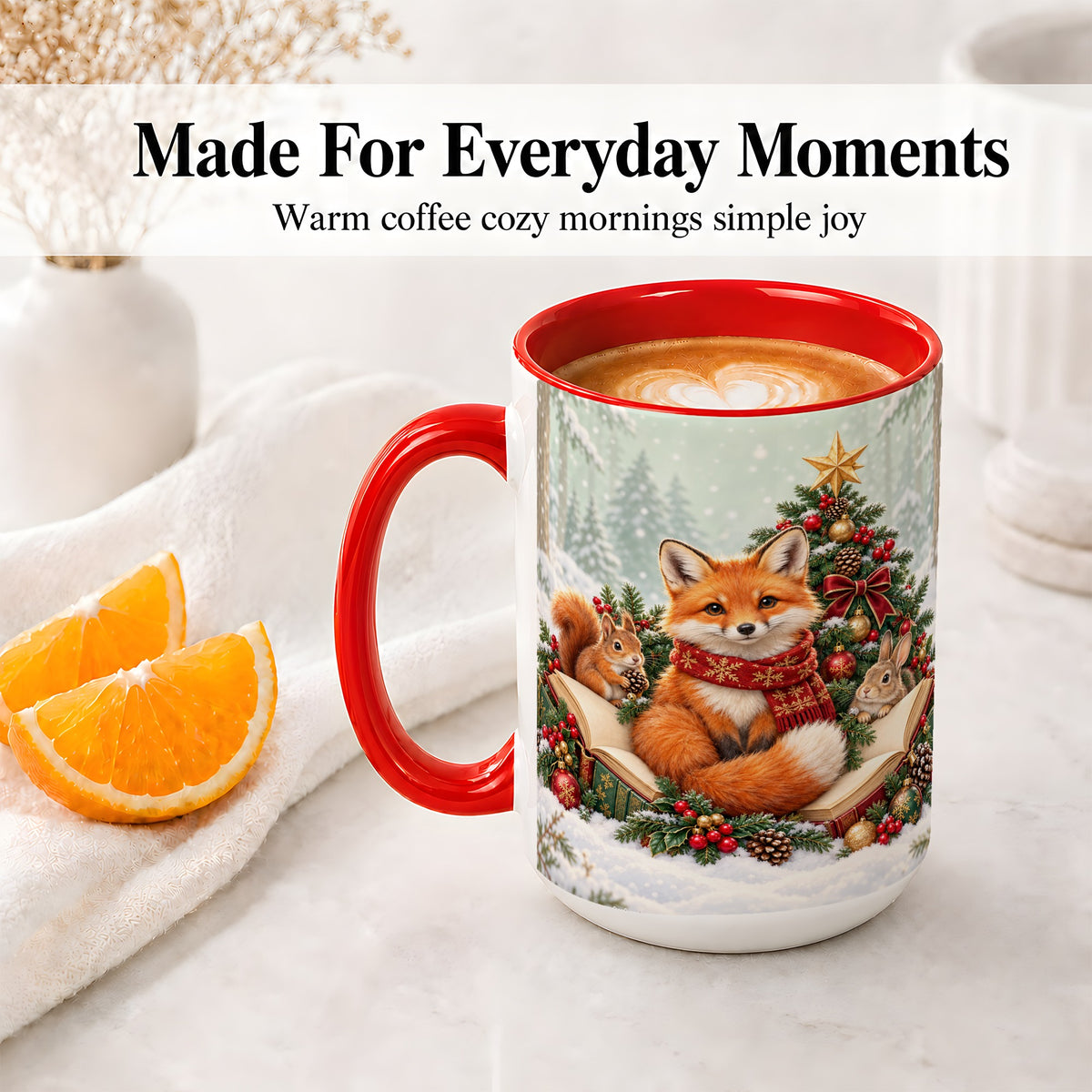 #pl[15oz|Red] Christmas Fox Accent Ceramic Mug, Woodland Book Scene