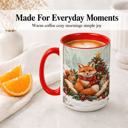 #pl[15oz|Red] Christmas Fox Accent Ceramic Mug, Woodland Book Scene