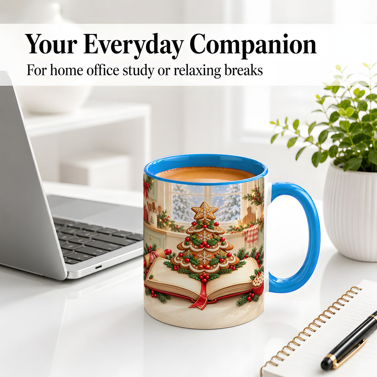 #pl[11oz|Blue] Gingerbread Christmas Tree Accent Ceramic Mug, Baking Scene