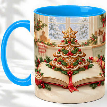 #pl[11oz|Blue] Gingerbread Christmas Tree Accent Ceramic Mug, Baking Scene