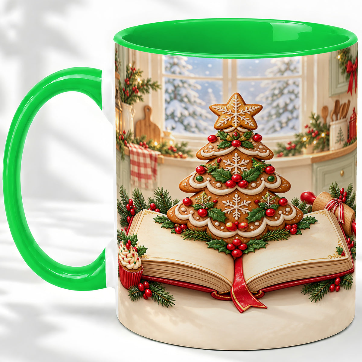#pl[11oz|Green] Gingerbread Christmas Tree Accent Ceramic Mug, Baking Scene
