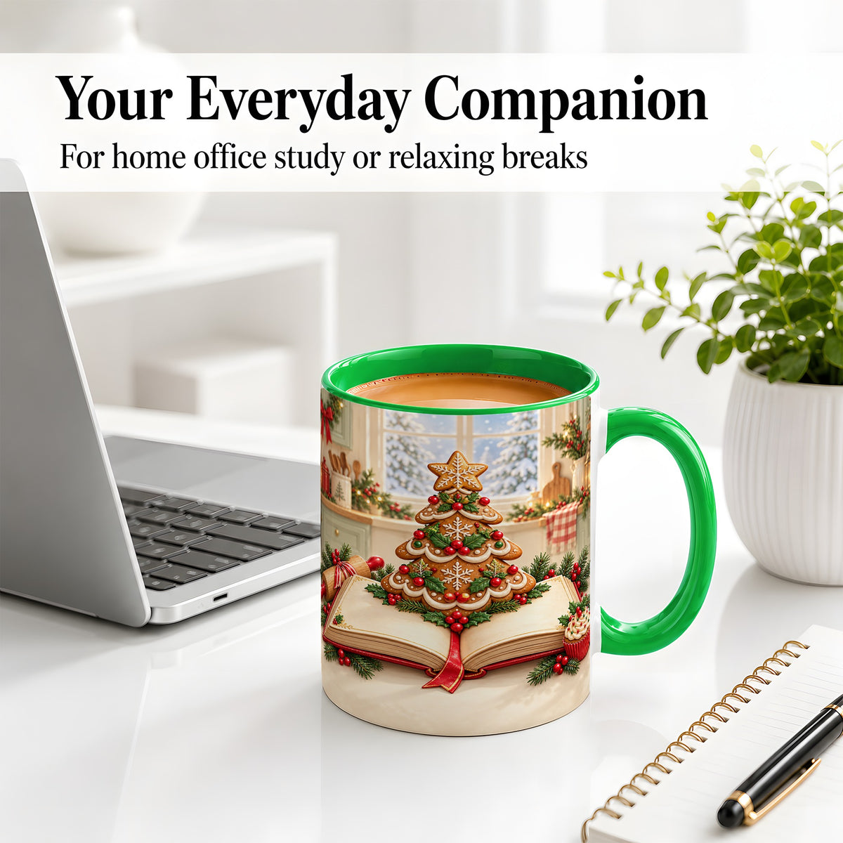 #pl[11oz|Green] Gingerbread Christmas Tree Accent Ceramic Mug, Baking Scene
