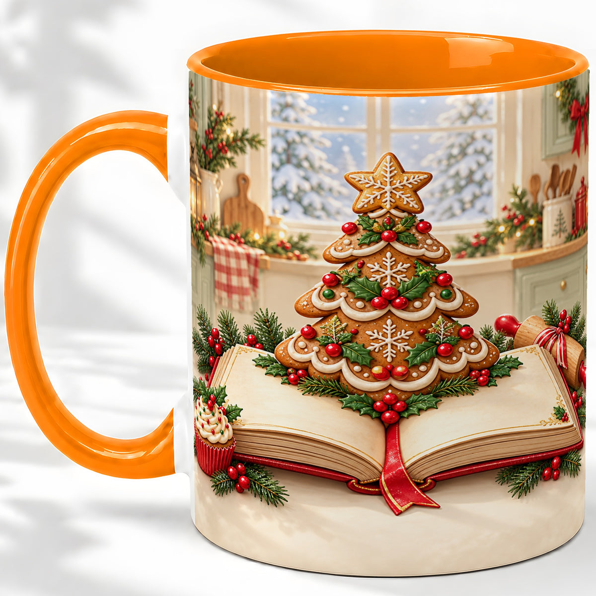 #pl[11oz|Orange] Gingerbread Christmas Tree Accent Ceramic Mug, Baking Scene