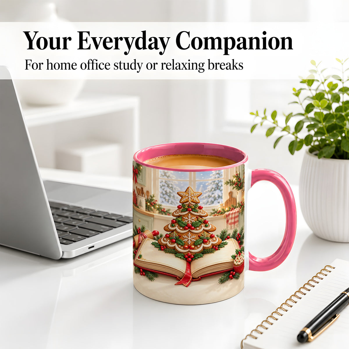 #pl[11oz|Pink] Gingerbread Christmas Tree Accent Ceramic Mug, Baking Scene