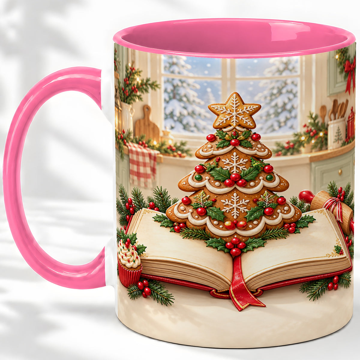 #pl[11oz|Pink] Gingerbread Christmas Tree Accent Ceramic Mug, Baking Scene