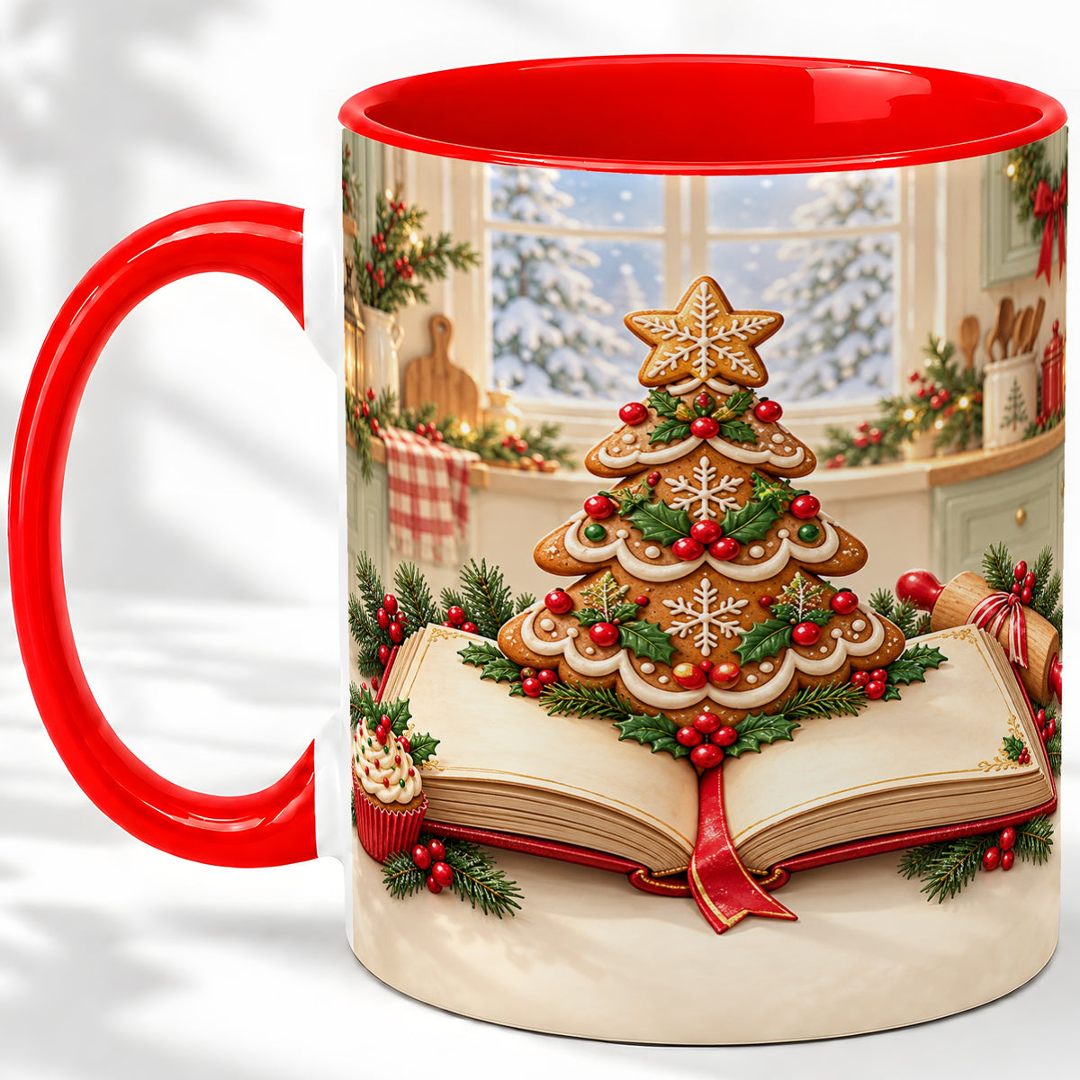 Gingerbread Christmas Tree Accent Ceramic Mug, Baking Scene