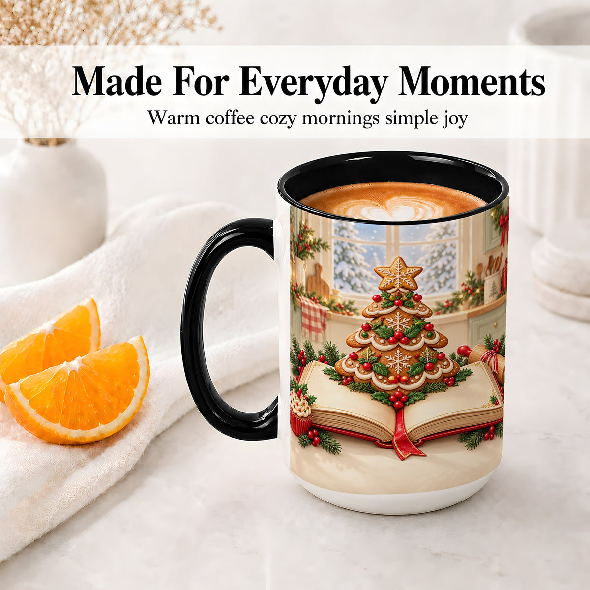 #pl[15oz|Black] Gingerbread Christmas Tree Accent Ceramic Mug, Baking Scene