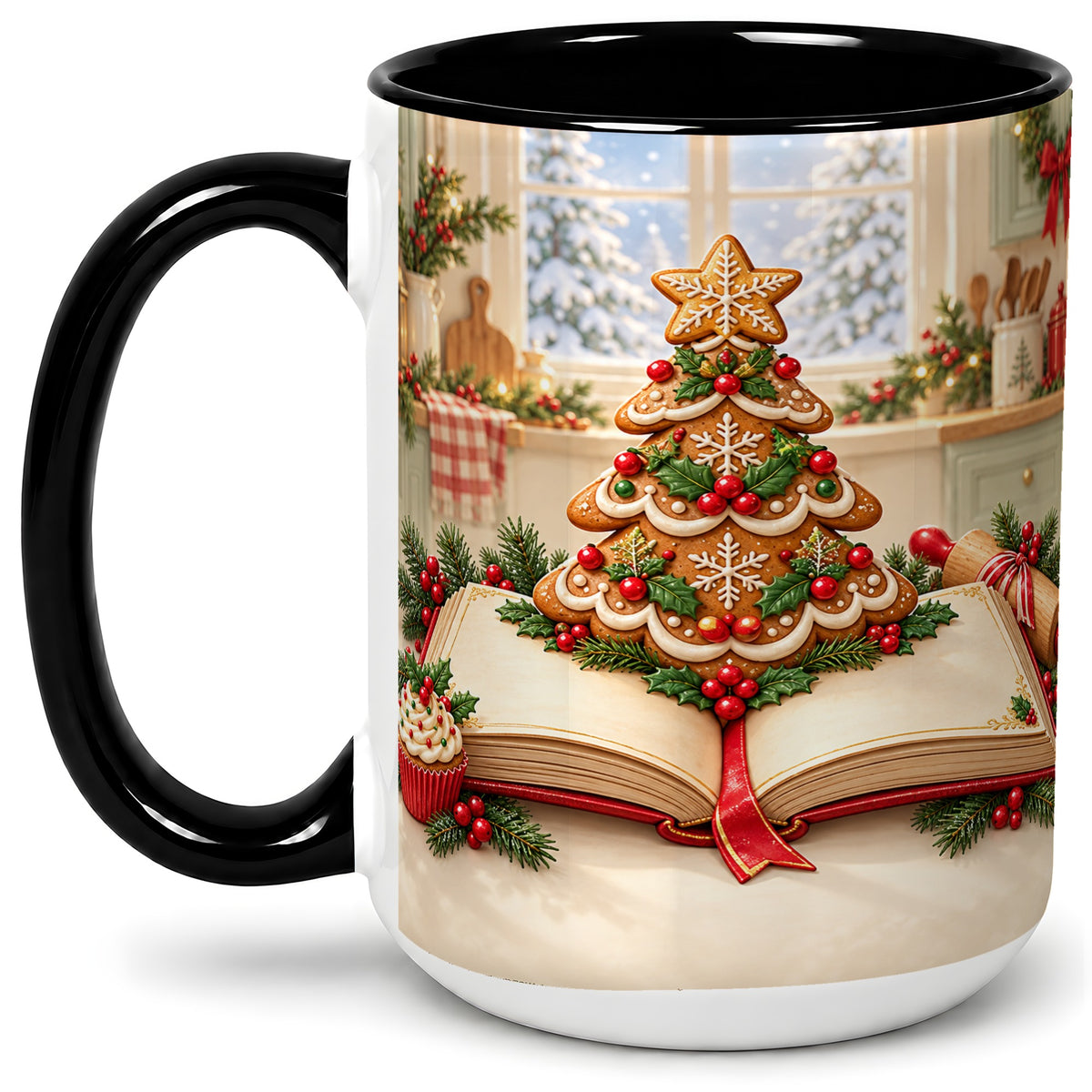 #pl[15oz|Black] Gingerbread Christmas Tree Accent Ceramic Mug, Baking Scene